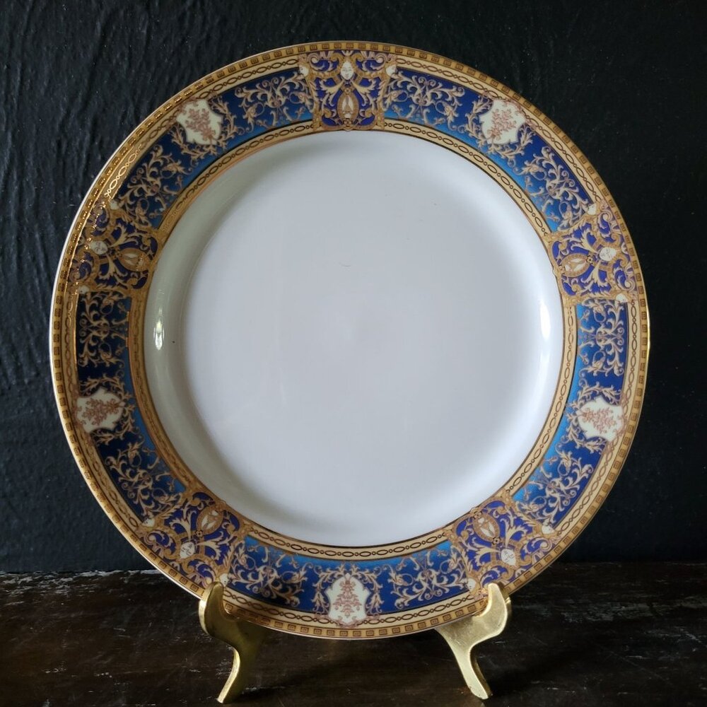Vtg Pegasus China Salad Plate Cobalt & Gold Bands w/ Woman's Face, Art Nouveau